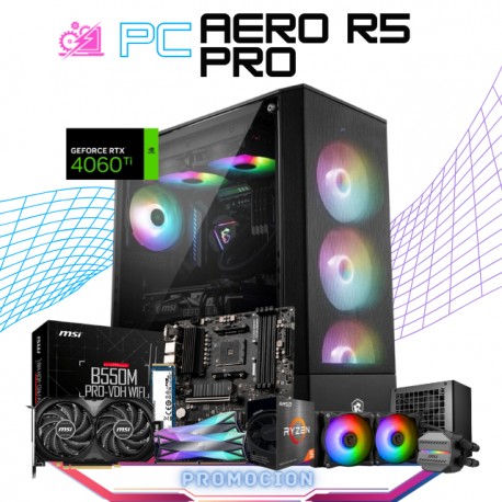 PC AERO R5 PRO / AMD RYZEN 5 5600X / RTX 4060 TI / 32GB RAM / 1TB SSD M.2 NVME / ENFRIAMIENTO LIQUIDO 240MM / FUENTE 700W 80+ B