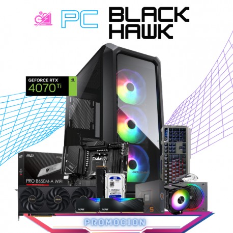 PC BLACK HAWK / AMD RYZEN 5 7600X / RTX 4070 TI / 32GB RAM DDR5 / 512GB SSD M.2 NVME + 1TB HDD / DISIPADOR DE TORRE DOBLE / WIF