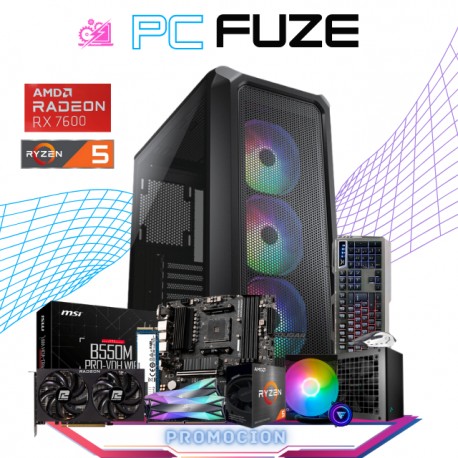 PC FUZE / AMD RYZEN 5 5500 / RX 7600 8GB / 16GB RAM / 1TB SSD M.2 NVME / ENFRIAMIENTO LIQUIDO 120MM / FUENTE 700W 80+ BRONZE / 